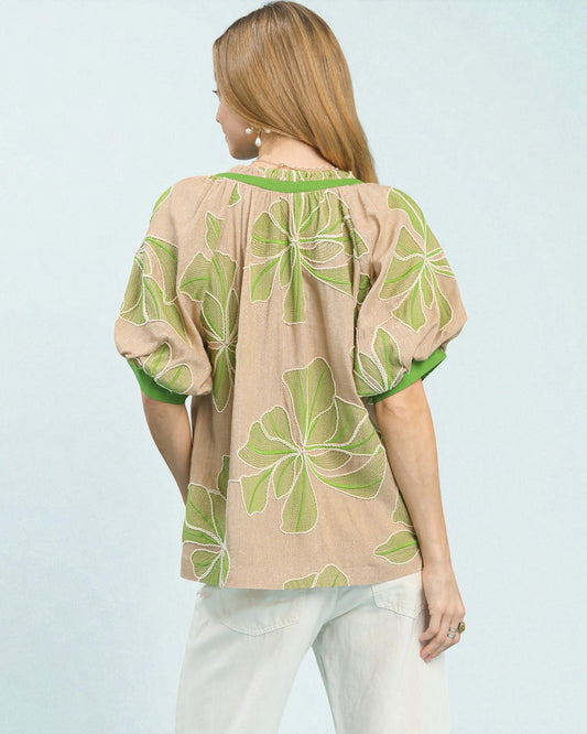 Tan & Green Floral Embroidered Blouse