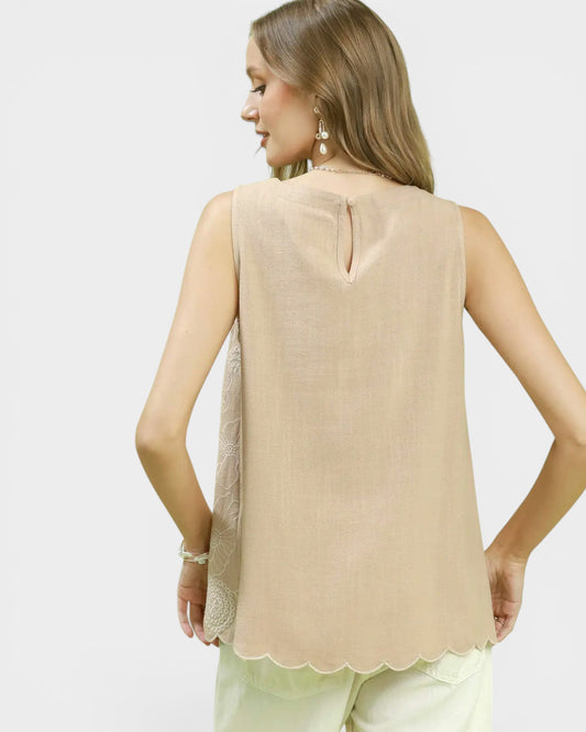 Taupe Floral Embroidered Tank Top