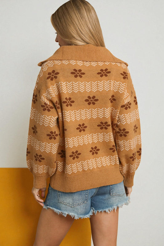 Caramel Floral Zip Collar Sweater