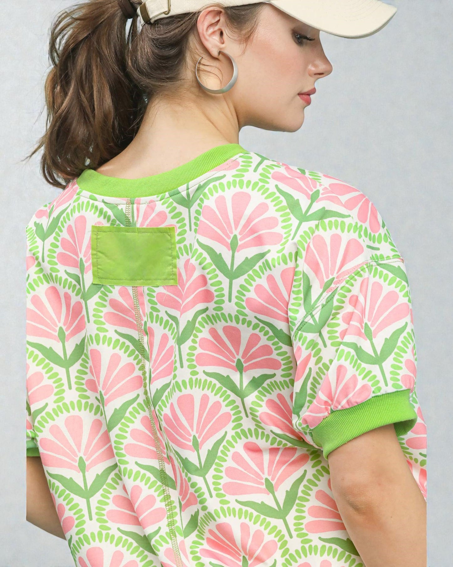 Green & Pink Floral Short Sleeve Sweatshirt