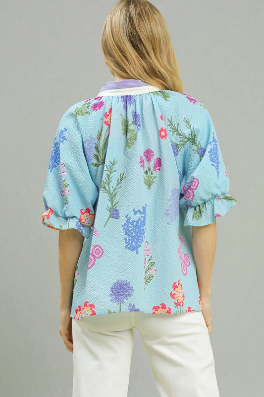 Sky Blue Floral Scallop Trim Blouse
