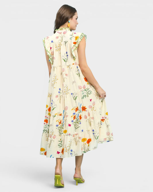 Woman wearing a floral dress on a white background