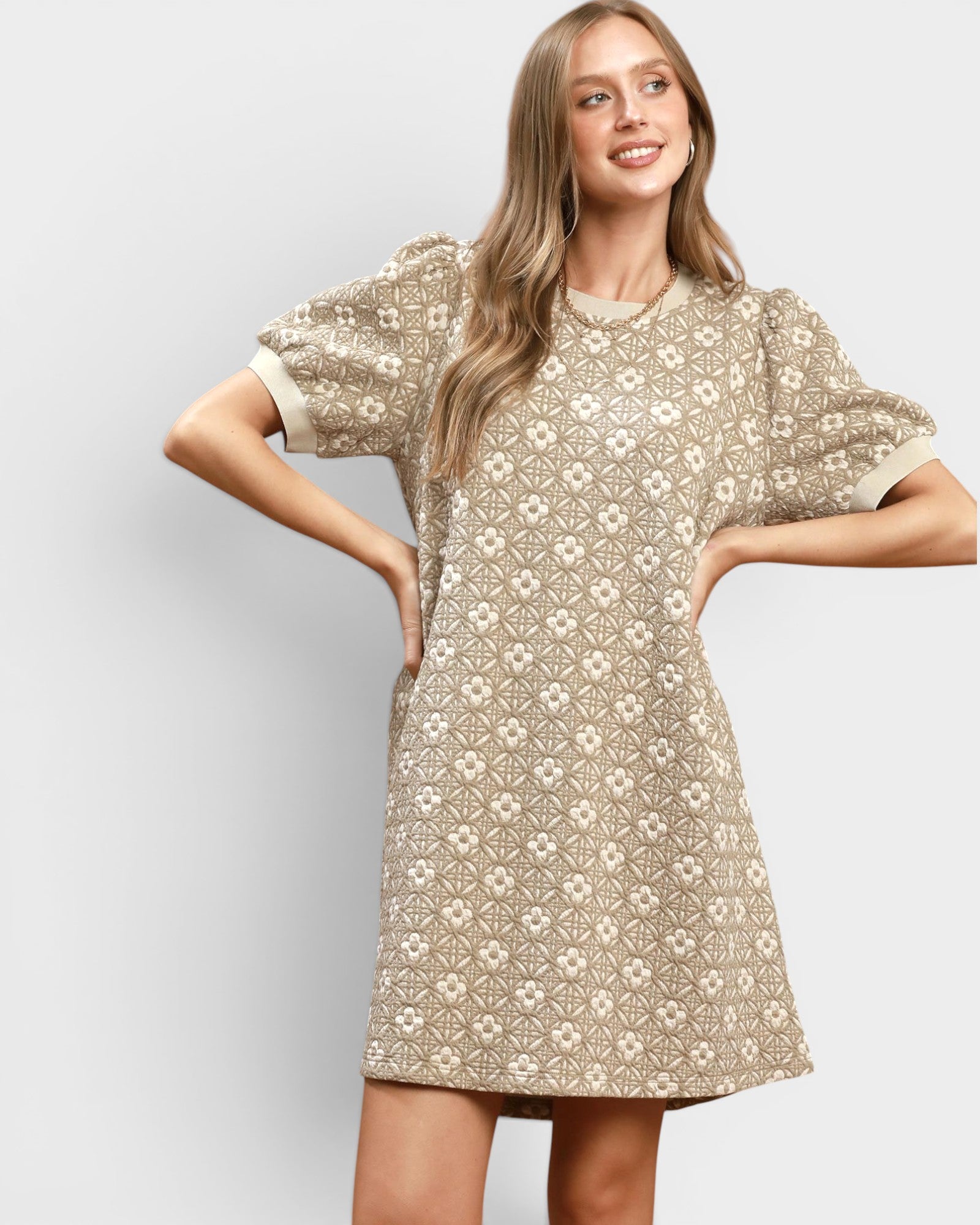 UMGEE Taupe Floral Puff Sleeve Mini Dress Taupe Floral / M