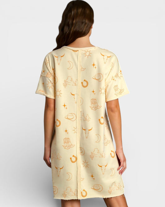 Woman wearing a yellow dress with a pattern on a white background