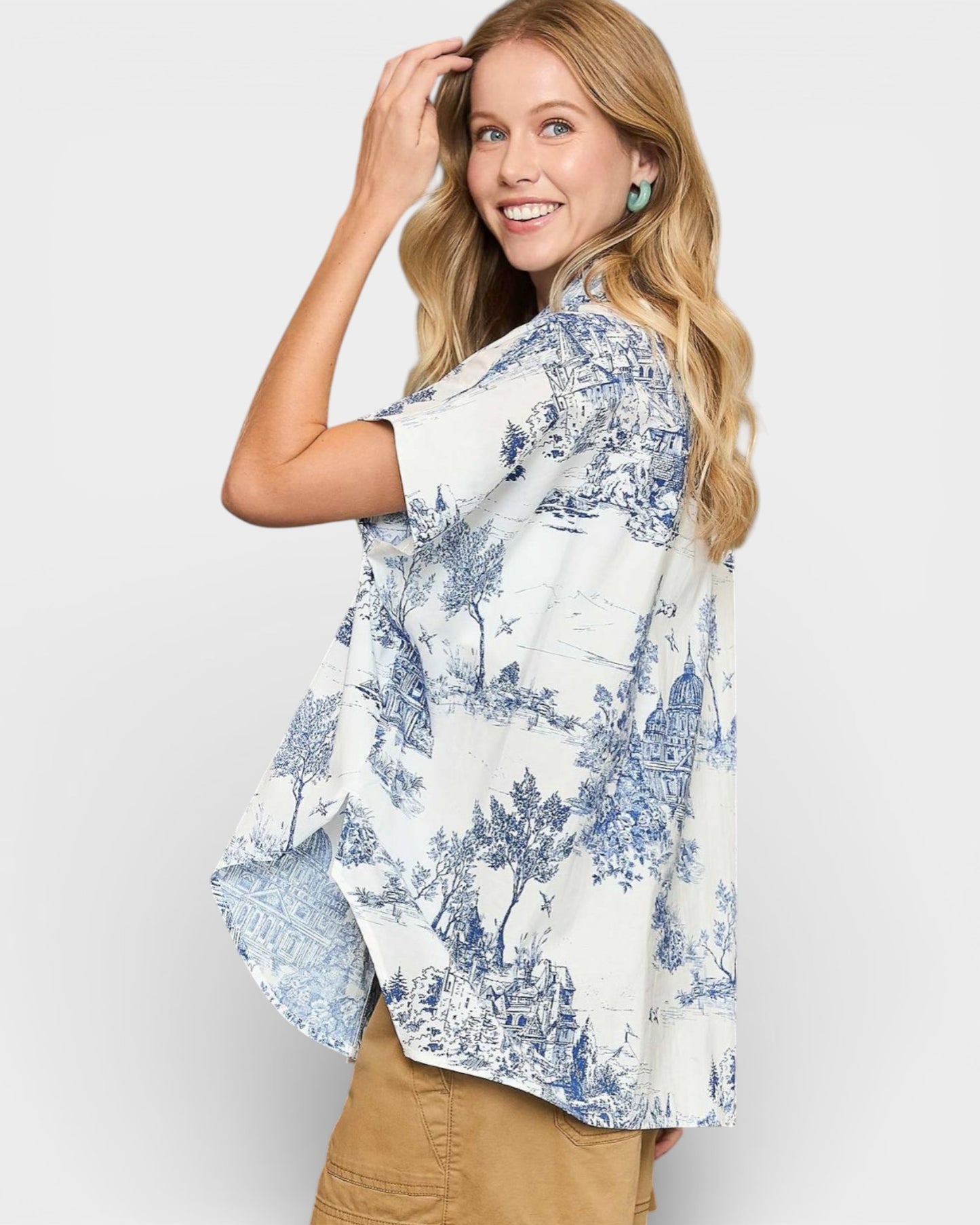 Ivory & Blue Toile Button Down Blouse