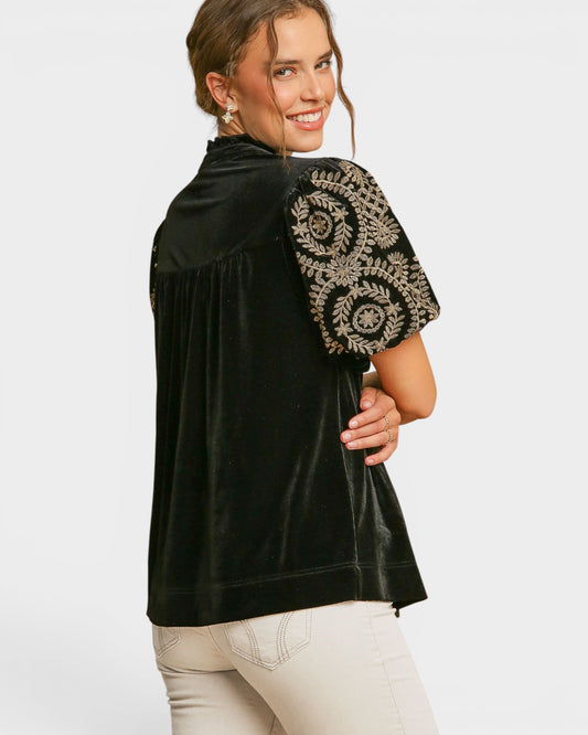 Black Velvet Embroidered Sleeve Top