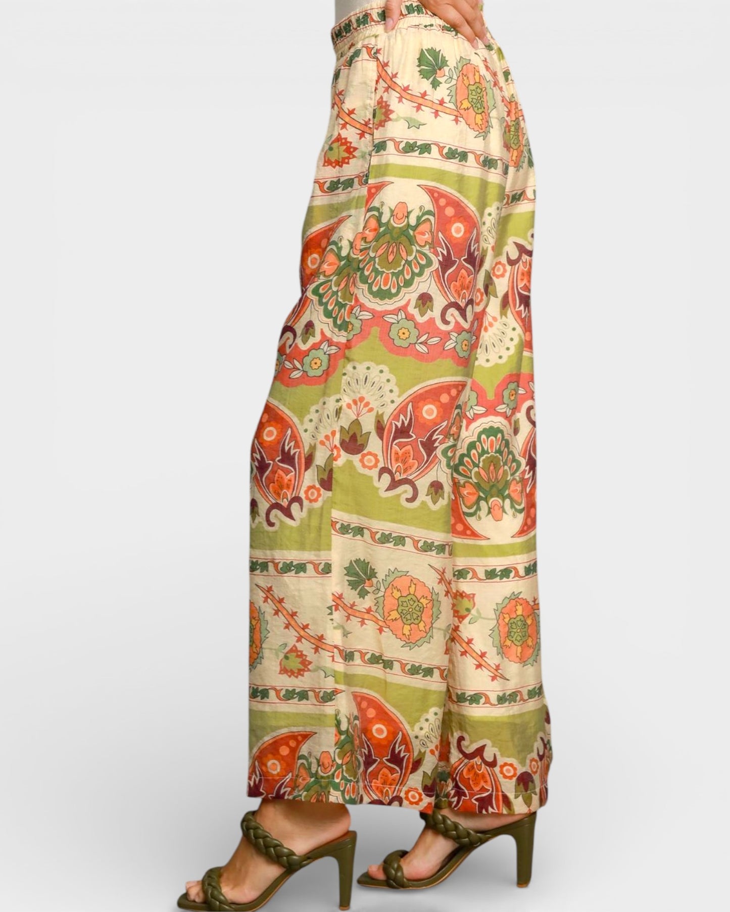 Colorful patterned pants on a white background