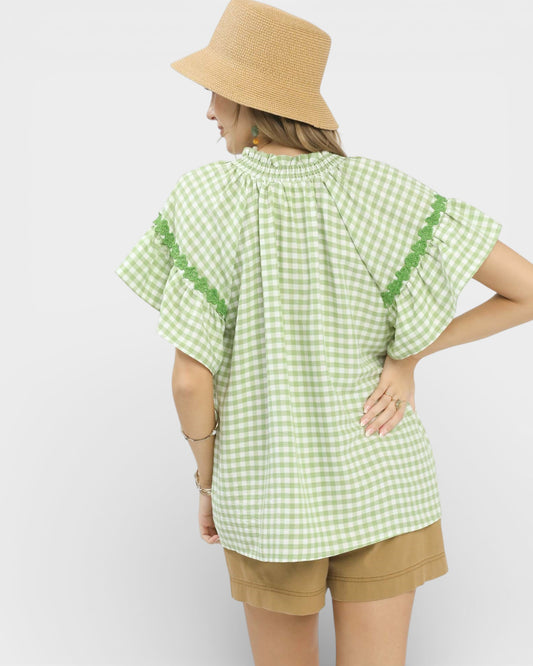 Lime Gingham Lace Trim Top