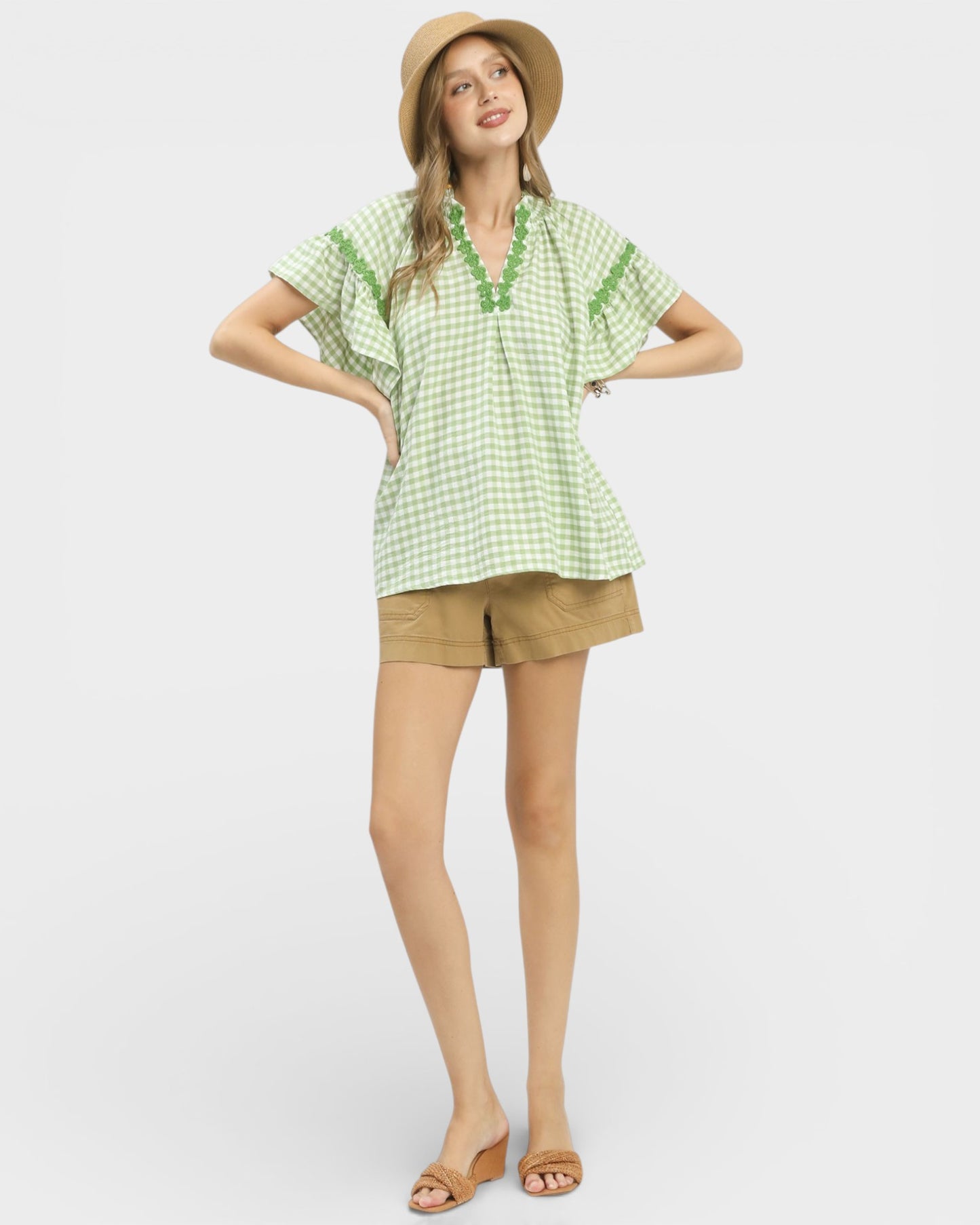 Lime Gingham Lace Trim Top