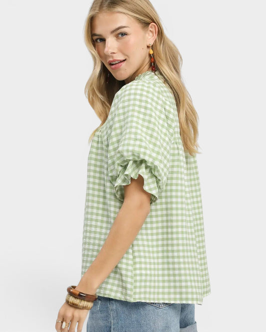 Sage Gingham Ruffle Sleeve Top