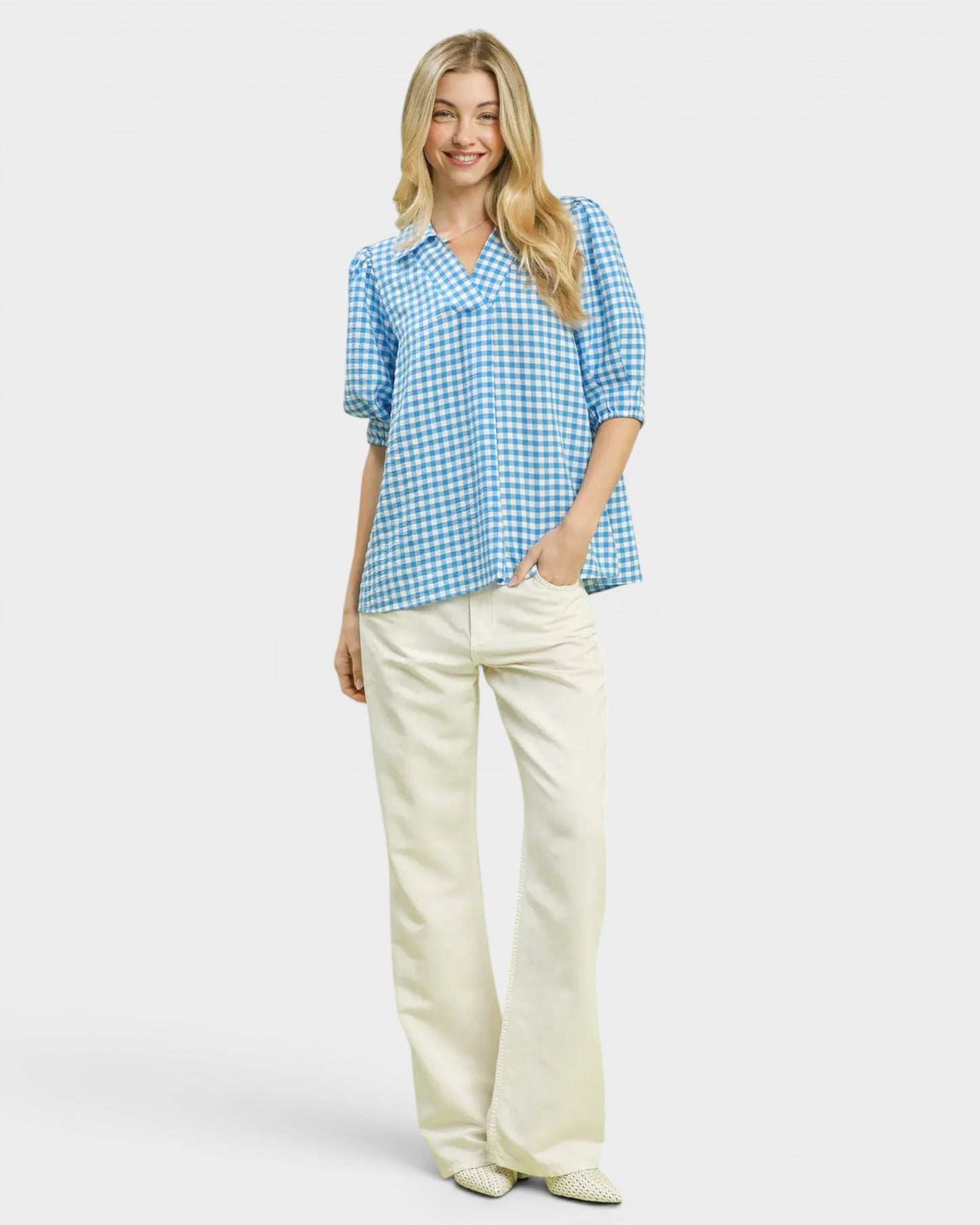 Blue Gingham Puff Sleeve Top