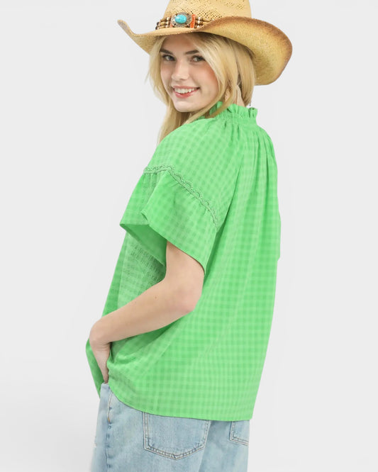 Spring Green Textured Flutter Sleeve Blouse