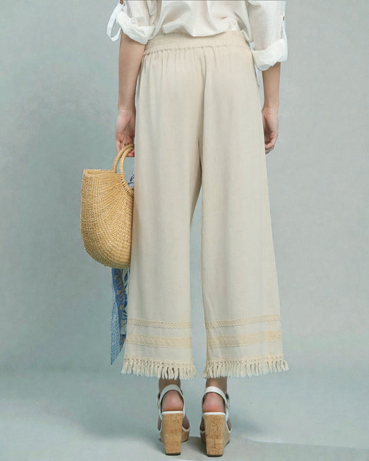 Oatmeal Lace-Trim Wide Leg Pants