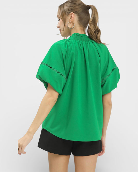 Emerald Lace Trim Flutter Sleeve Blouse