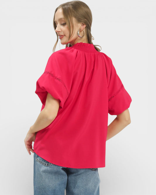 Watermelon Lace Trim Flutter Sleeve Blouse