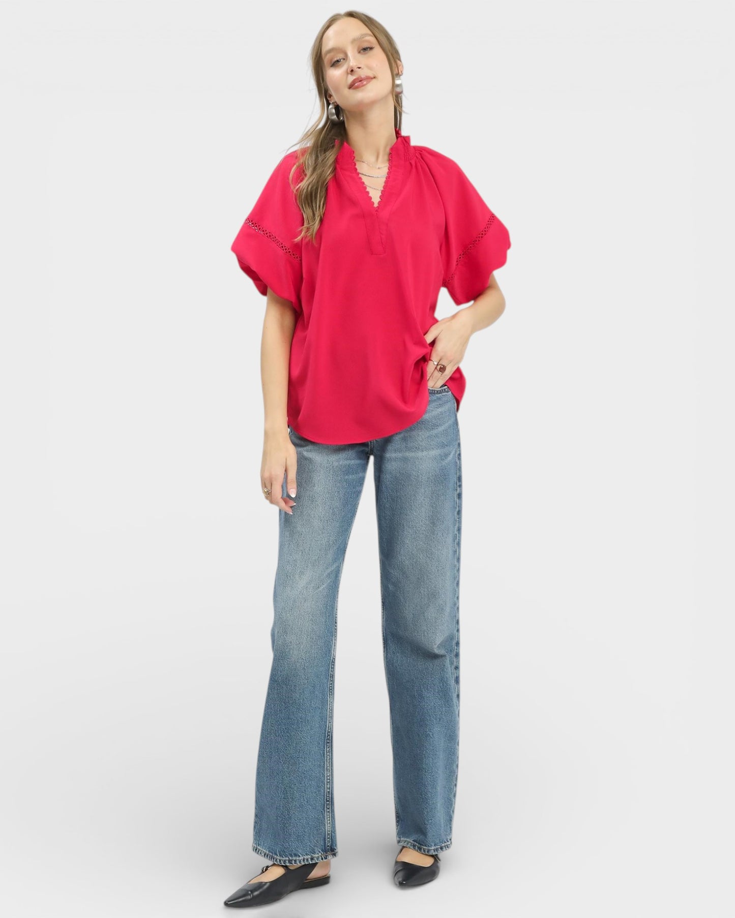 Watermelon Lace Trim Flutter Sleeve Blouse