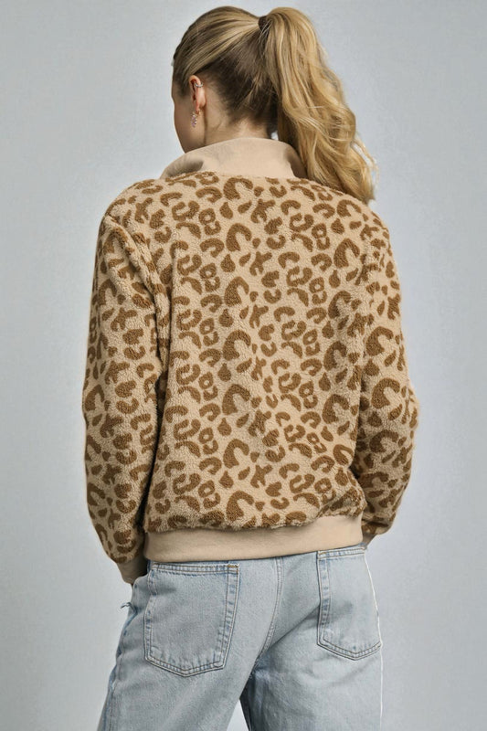 Camel Leopard Sherpa Half Zip Pullover