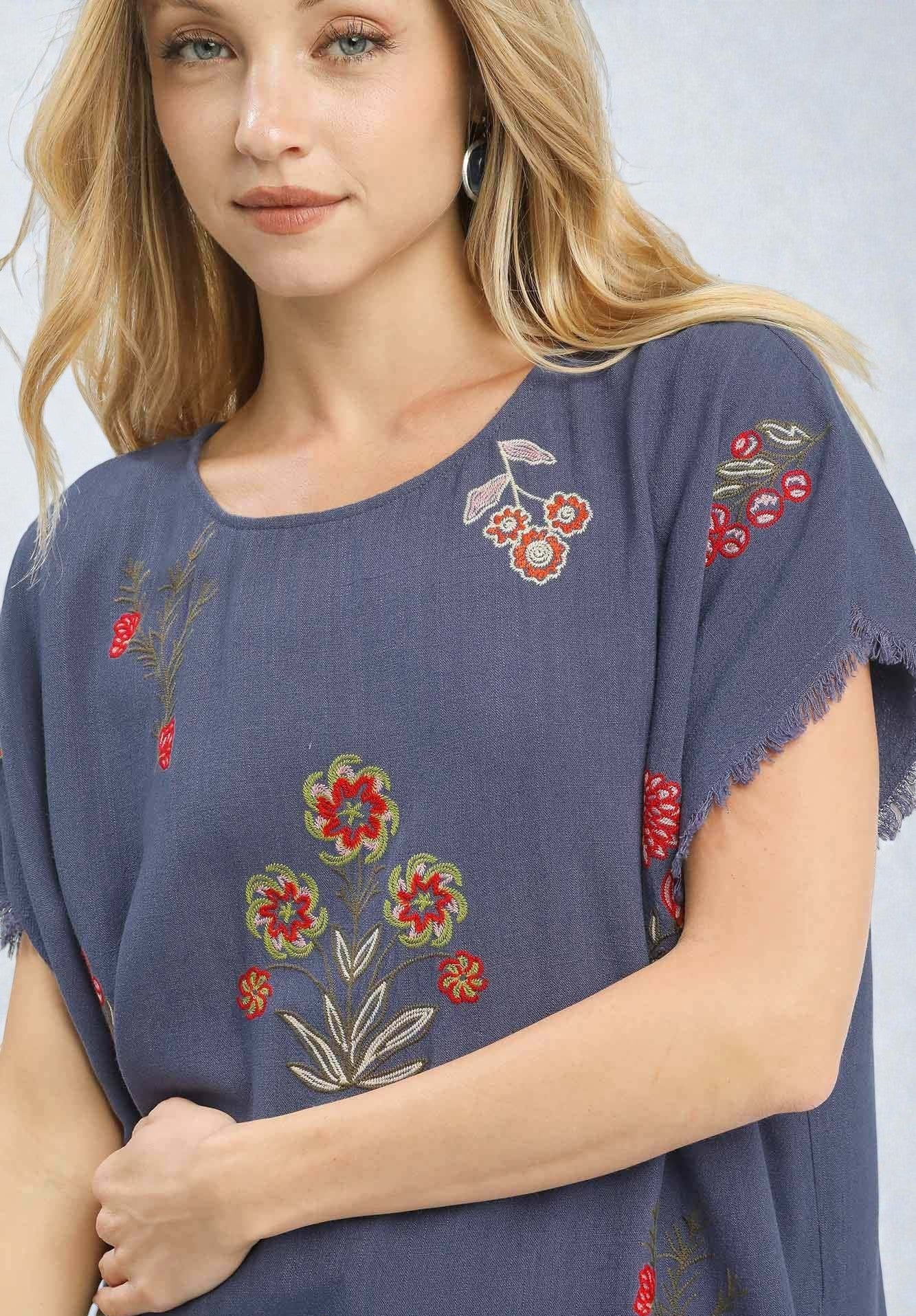 Woman wearing a denim top with floral embroidery on a light gray background