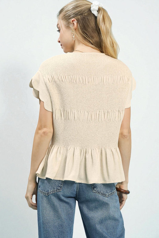 Cream Smocked Scallop Sleeve Top