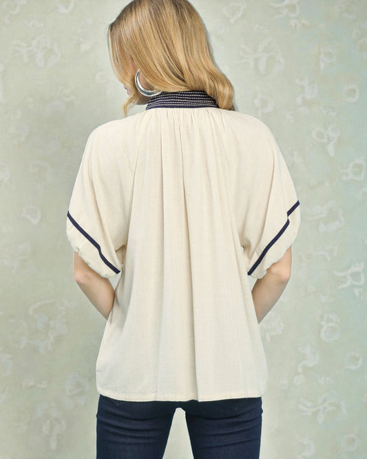 Ivory Embroidered V-Neck Puff Sleeve Top