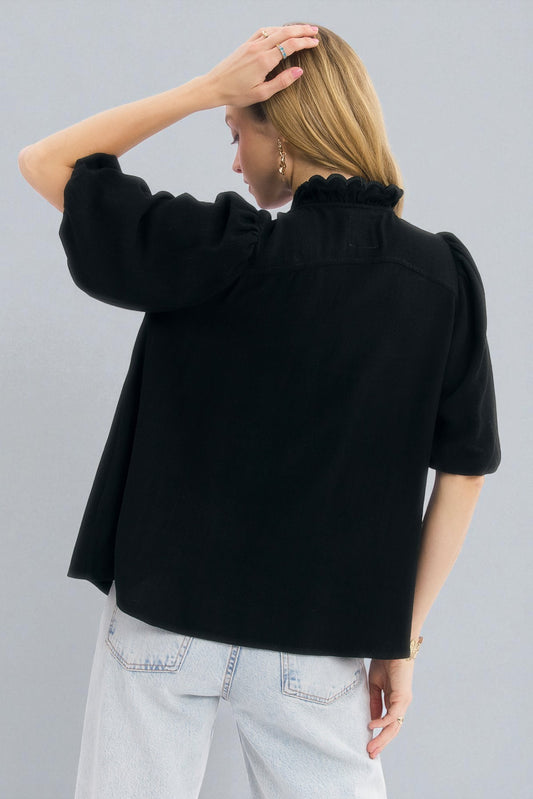 Person wearing a black jacket with ruffled collar against a gray background