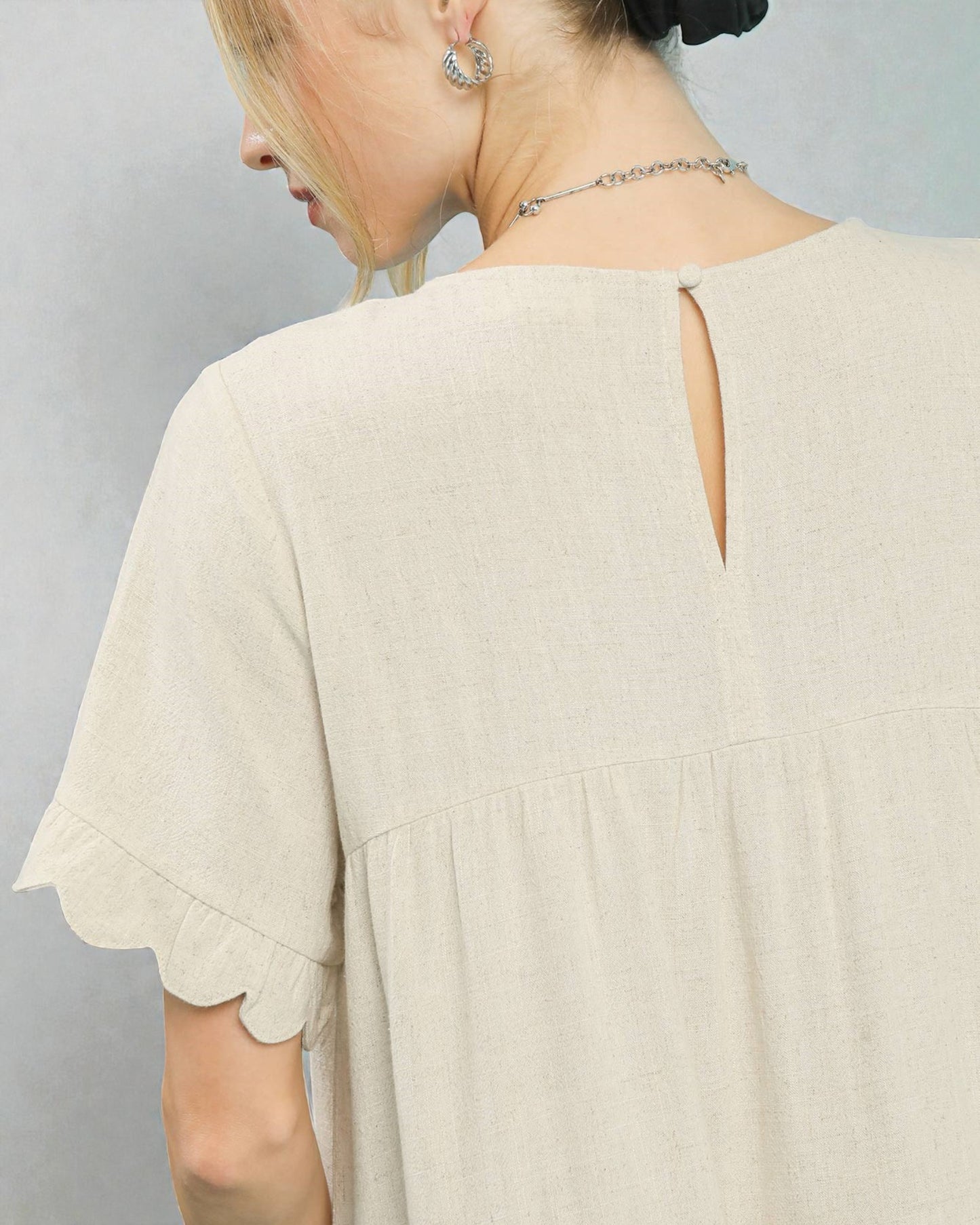 Oatmeal Scallop Hem Tiered Mini Dress