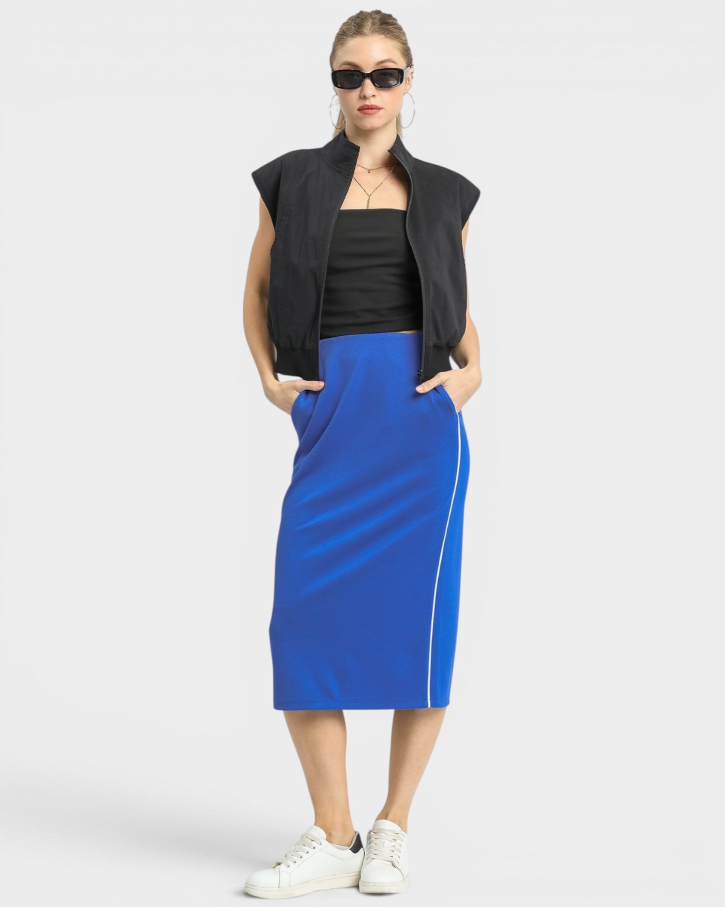 Cobalt Blue Contrast Trim Midi Skirt
