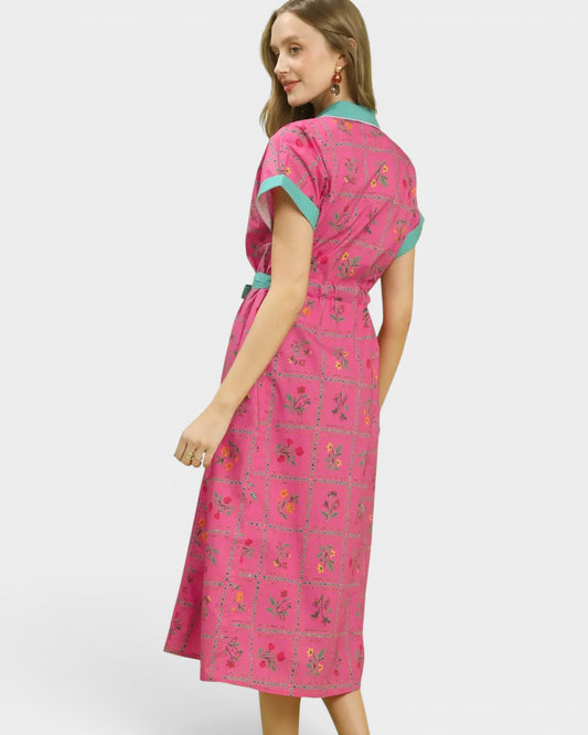 Raspberry Floral Button Front Midi Dress