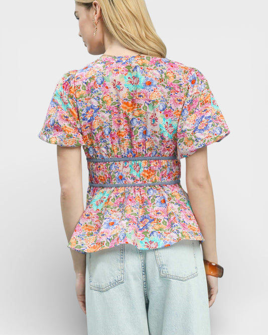 Pink & Orange Floral Lace-Up Peplum Top