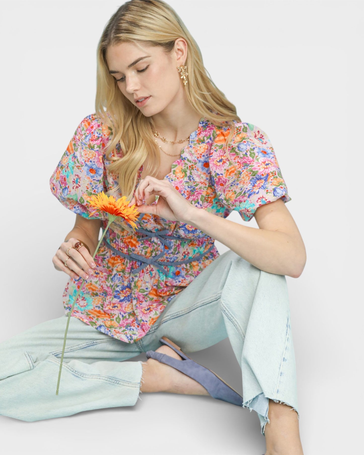 Pink & Orange Floral Lace-Up Peplum Top