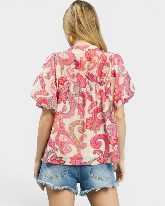 Pink Paisley Puff Sleeve Blouse