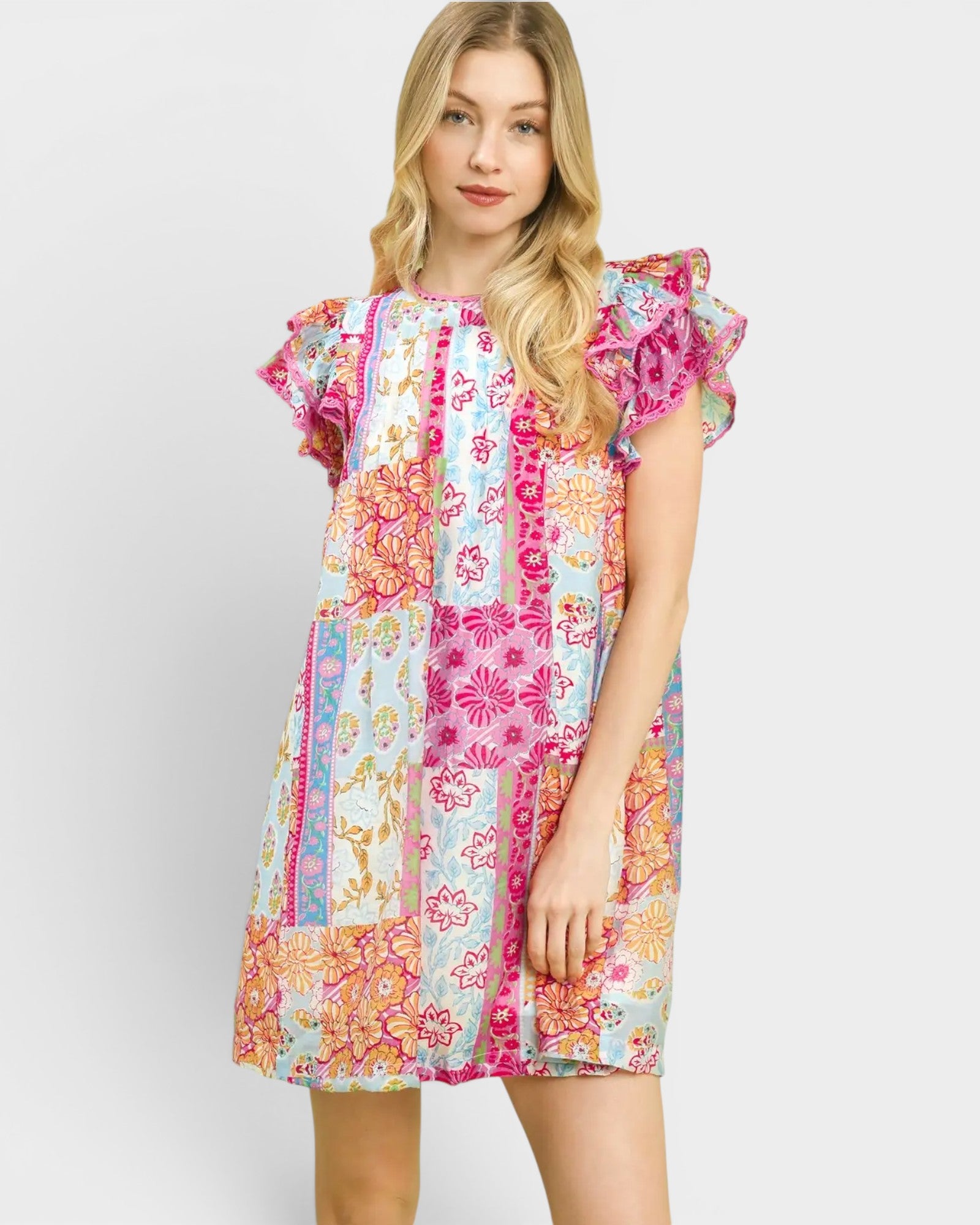 UMGEE Pink Patchwork Ruffle Sleeve Dress Pink Patchwork / M