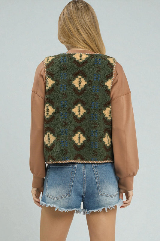 Forest Mix Aztec Sherpa Tie Front Vest