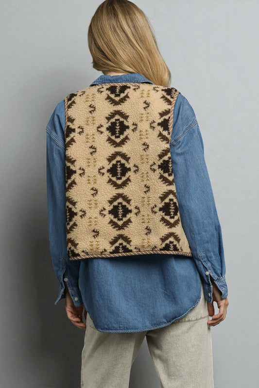 Tan & Brown Aztec Sherpa Tie Front Vest