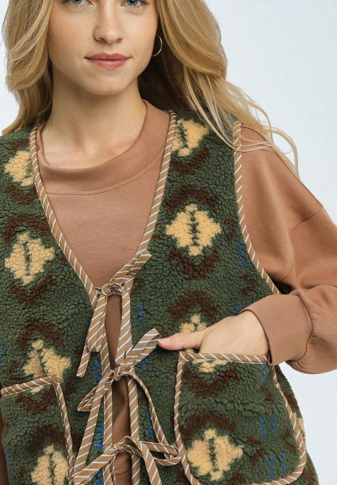 Forest Mix Aztec Sherpa Tie Front Vest