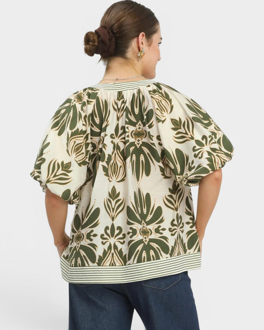 Olive Floral Puff Sleeve Top