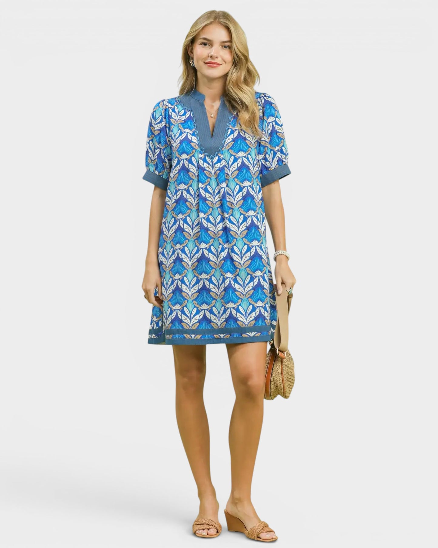Blue Floral Cotton Mini Dress