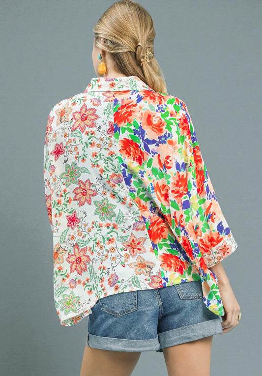 Multi Floral Patchwork Button Down Top