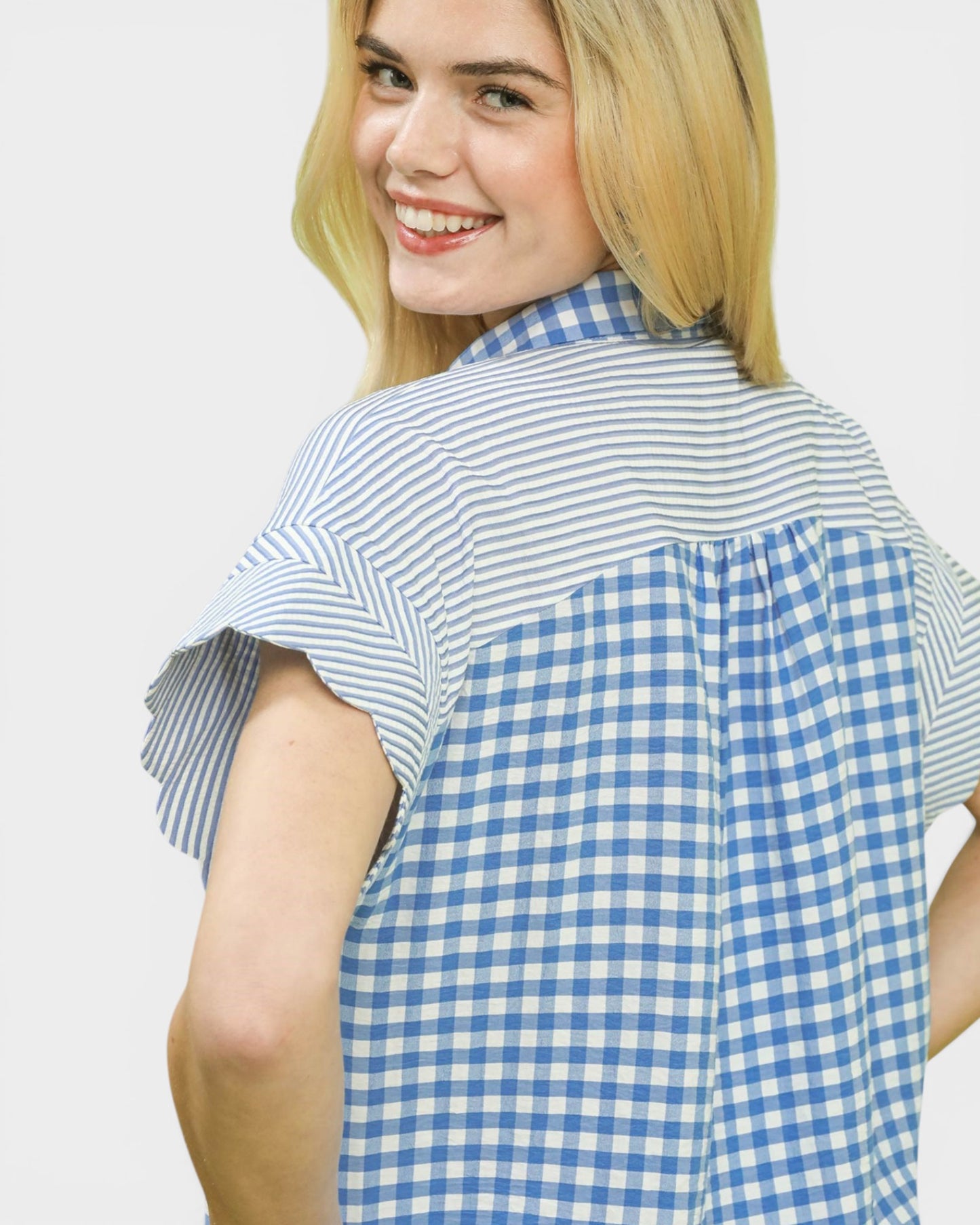 Blue & White Gingham Button Front Blouse