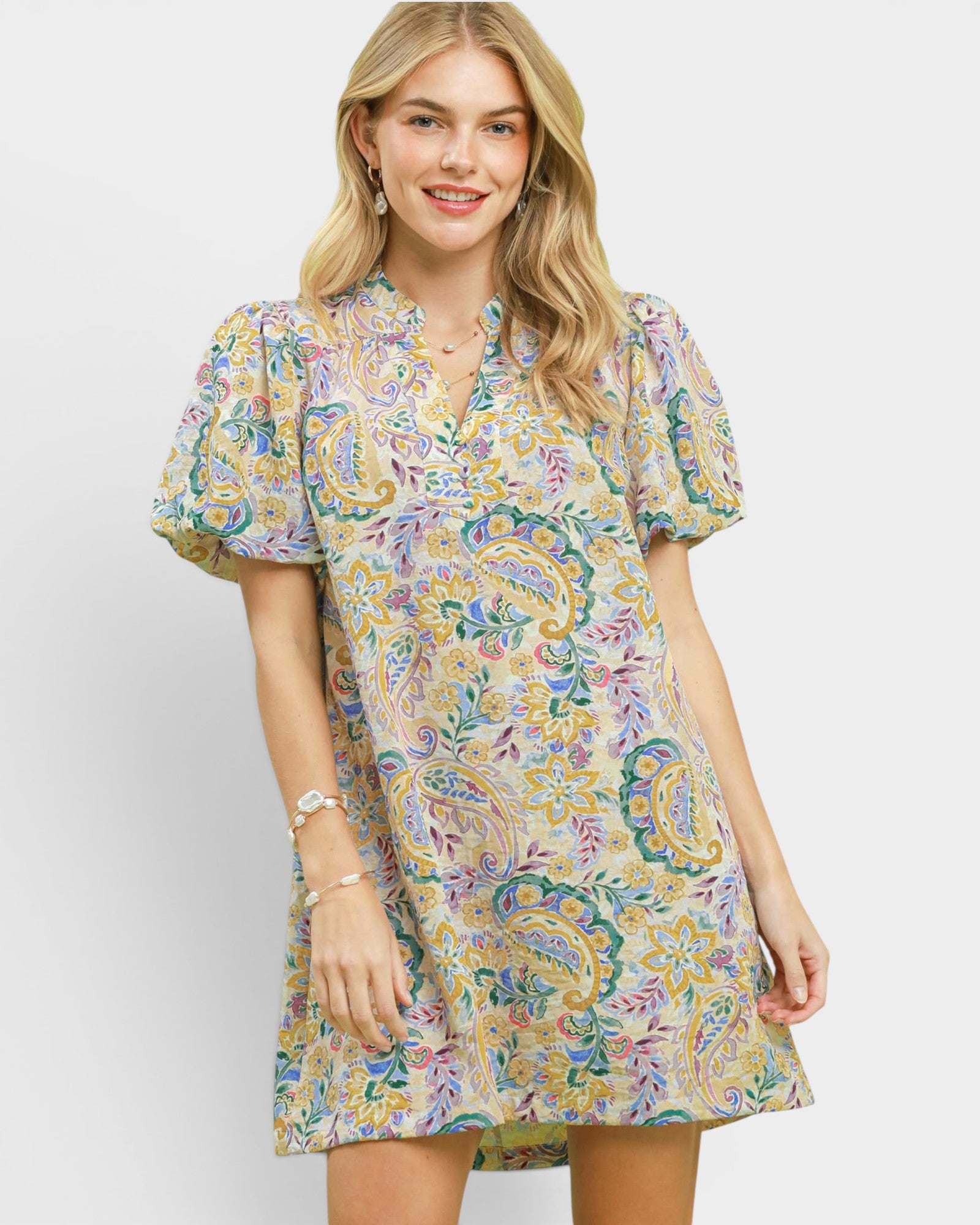 UMGEE Blue Paisley Puff Sleeve Mini Dress