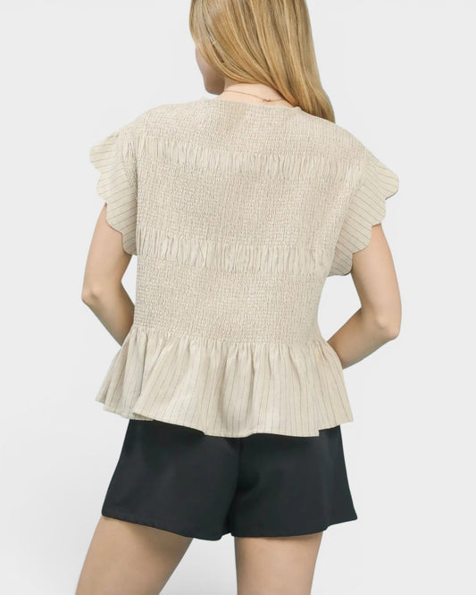 Ivory Pinstripe Smocked Flutter Sleeve Top