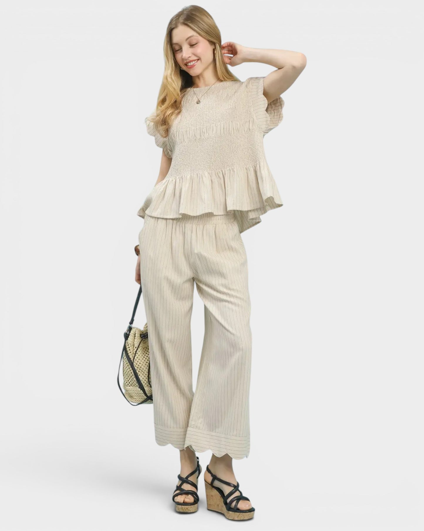 Ivory Pinstripe Smocked Flutter Sleeve Top