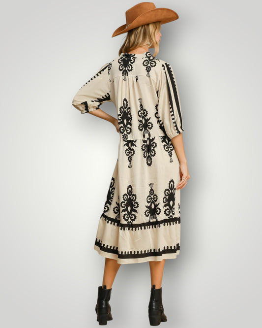 Ivory & Black Printed Midi Dress