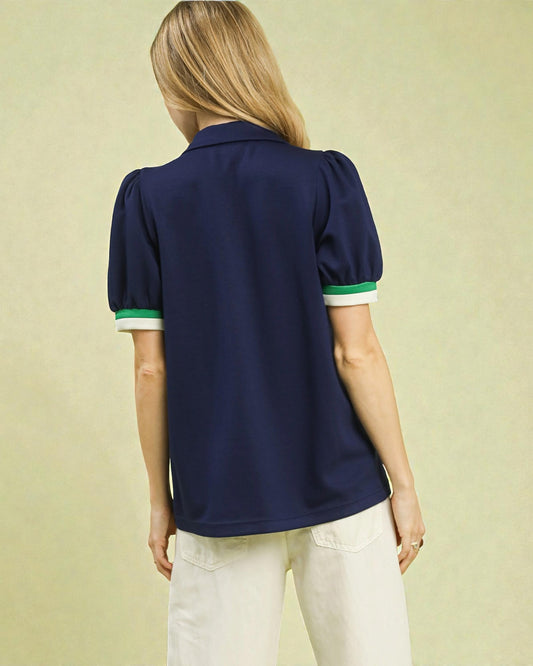 Navy Zip Contrast Trim Puff Sleeve Top