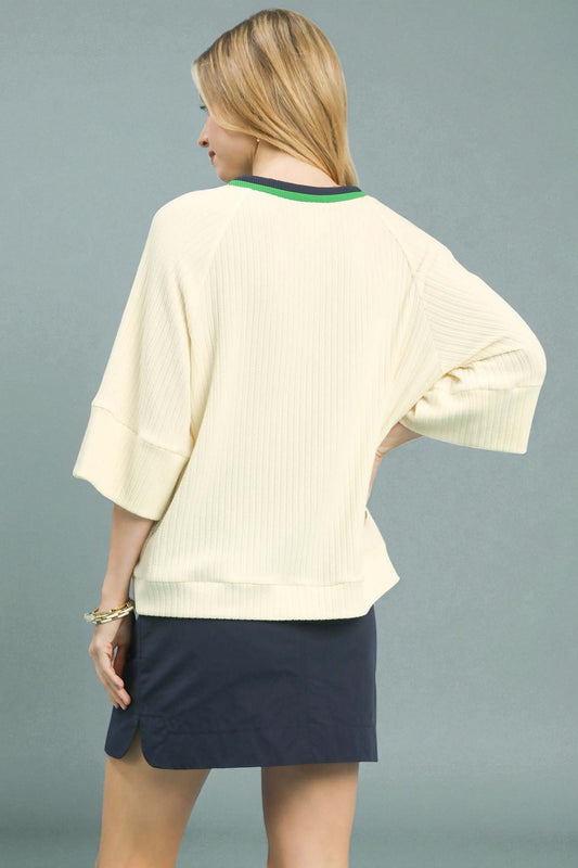 Ivory & Green Trim Knit Top