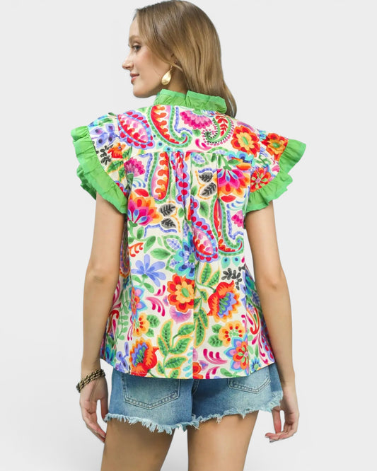 Ivory Multi Floral Ruffle Sleeve Top