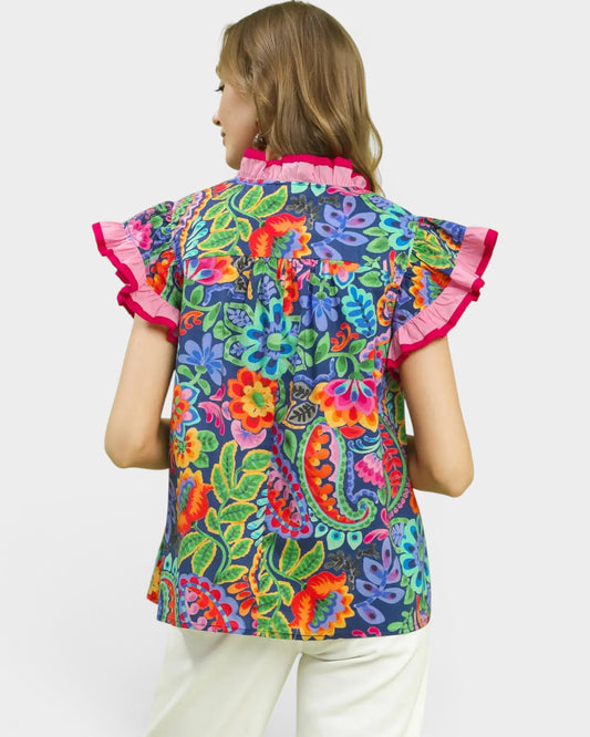 Navy Multi Floral Ruffle Sleeve Top