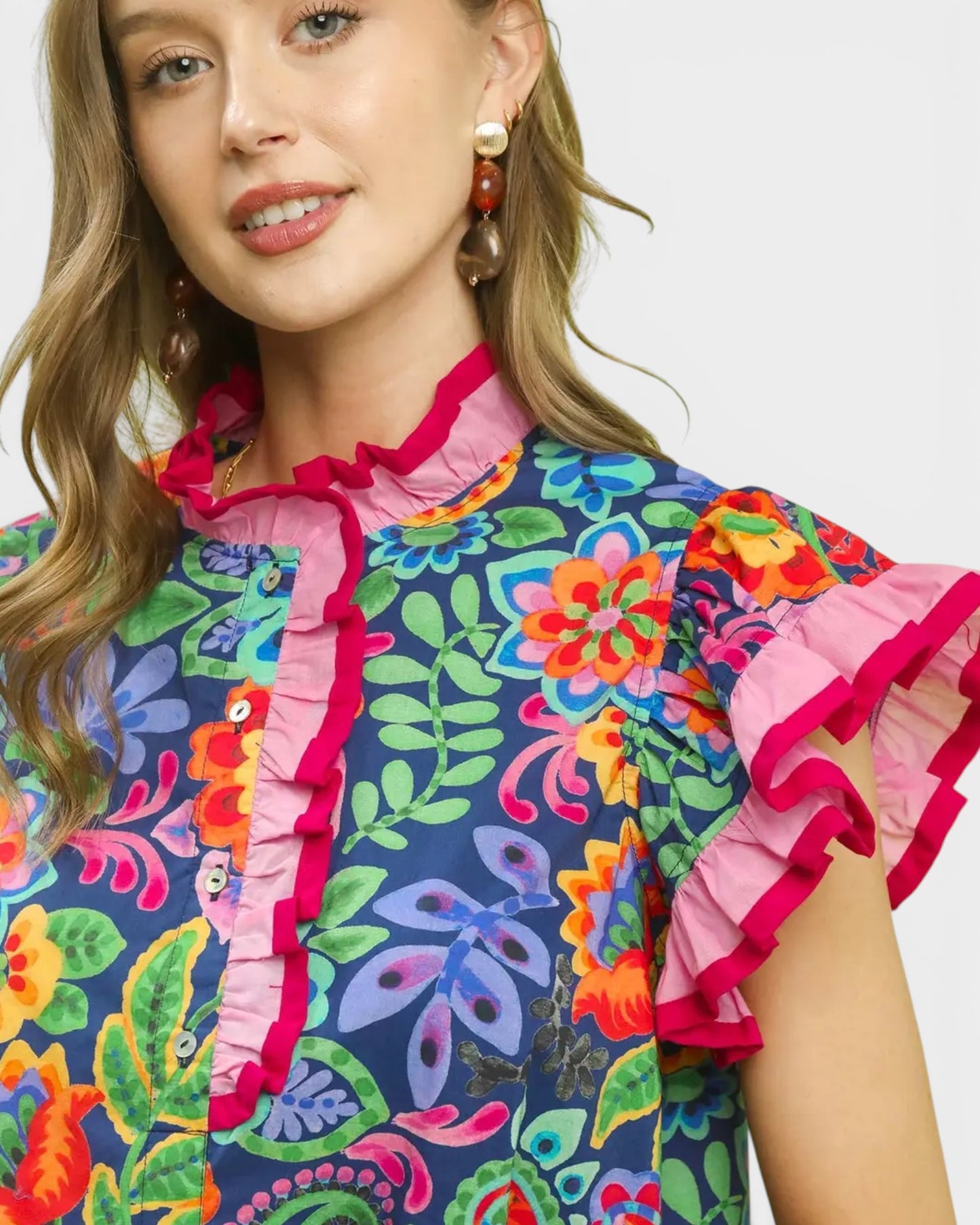 Navy Multi Floral Ruffle Sleeve Top