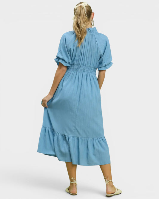 Sky Blue Smocked Waist Midi Dress