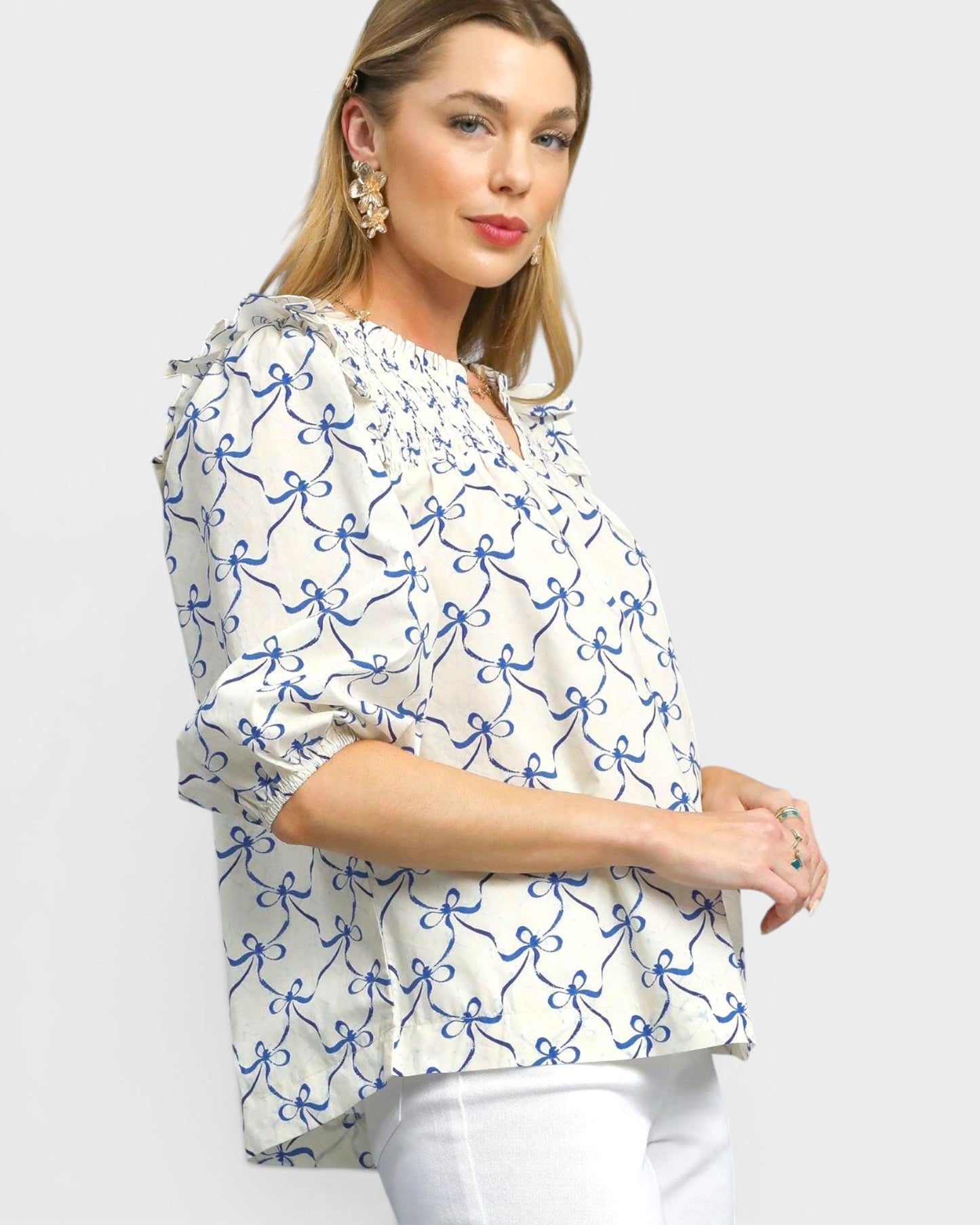 Blue Bow Print Ruffle Blouse